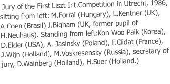 Jury of the First Liszt Int.Competition in Utrecht, 1986,  sitting from left: M.Forrai (Hungary), L.Kentner (UK), A.Coen (Brasil) J.Bigham (UK, former pupil of H.Neuhaus). Standing from left:Kon Woo Paik (Korea), D.Elder (USA), A. Jasinsky (Poland), F.Clidat (France), J.Wijn (Holland), M.Voskresensky (Russia), secretary of jury, D.Wainberg (Holland), H.Suer (Holland.)