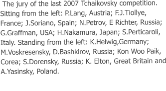 The jury of the last 2007 Tchaikovsky competition. Sitting from the left: P.Lang, Austria; F.J.Tiollye, France; J.Soriano, Spain; N.Petrov, E Richter, Russia; G.Graffman, USA; H.Nakamura, Japan; S.Perticaroli, Italy. Standing from the left: K.Helwig,Germany; M.Voskresensky, D.Bashkirov, Russia; Kon Woo Paik, Corea; S.Dorensky, Russia; K. Elton, Great Britain and A.Yasinsky, Poland.